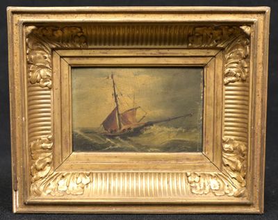 une peinture à l'huile représentant un voilier sur une mer agitée