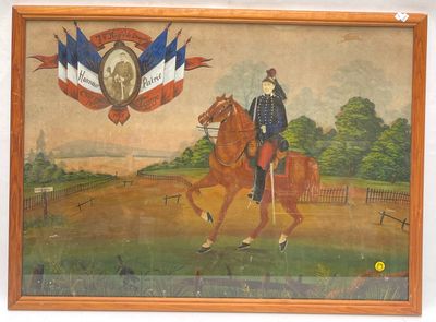une peinture représentant un homme à cheval dans un champ