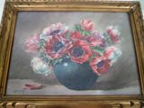 une peinture représentant un bouquet de fleurs dans un vase bleu