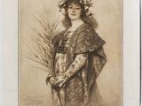 an old picture of a woman holding a plant in her hand