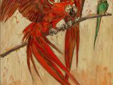 tableau représentant deux perroquets perchés sur une branche, les ailes déployées