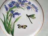a plate with blue flowers and a dragonfly on it