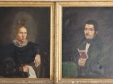 two portraits of a man and a woman, one holding a book and the other holding a book