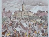 dessin représentant une foule nombreuse se promenant sur la place d'une ville