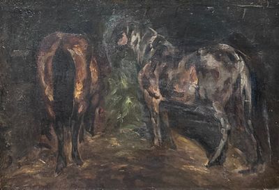 tableau représentant deux chevaux dans une grange avec du foin et du foin