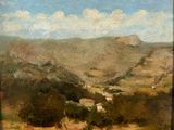l'image d'un tableau représentant un paysage avec une maison au loin