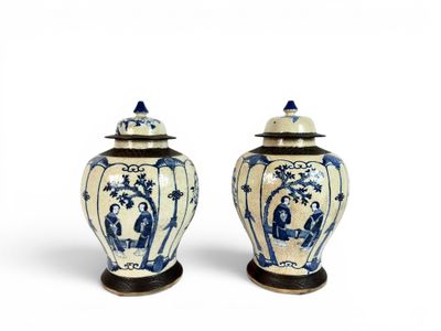 une paire de vases bleus et blancs ornés de motifs asiatiques