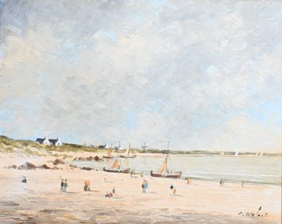a painting of people on the beach by the water