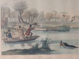 painting of a group of men on a boat with a dog in the water