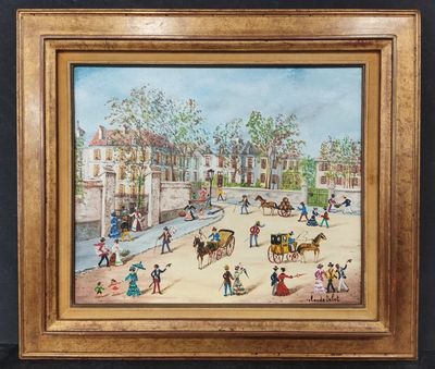 une peinture à l'huile représentant une scène de rue avec des passants et une calèche
