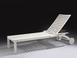an image of a white chaise lounger with wheels on a black background