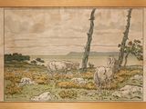 a picture of a painting of two horses in a field