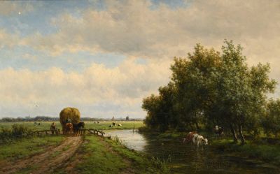 un tableau représentant une scène de vie à la ferme avec des chevaux et une charrette