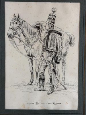 framed drawing of a man standing next to a horse with a hat on his head