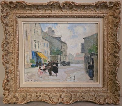 une peinture à l'huile représentant une scène de rue avec des personnes marchant dans la rue