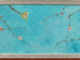 une image représentant une peinture d'une branche fleurie sur fond bleu