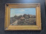an oil painting of a landscape with a bridge in the foreground