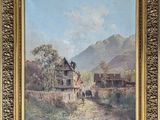 an oil painting of a village scene in a gold frame
