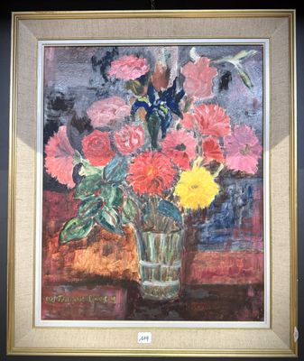 une peinture de fleurs dans un vase sur une table