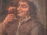 an old painting of a woman holding a glass of wine