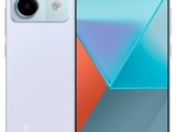a white and blue smartphone with a camera on top of it
