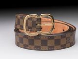 a close up of a brown and black belt with a gold buckle