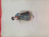 an old book with a drawing of a woman in a blue dress