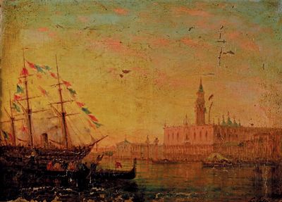 peinture représentant une vue de ville avec un bateau au premier plan