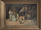 tableau représentant un homme et une femme dans une grange avec un enfant