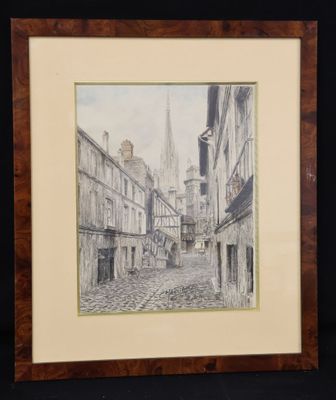 an image of a drawing of a street with buildings in the background