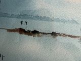 a watercolor painting of two people walking in the snow