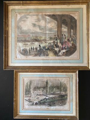 deux tableaux encadrés représentant des personnes sur un pont
