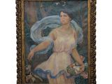 tableau représentant une femme en robe tenant un panier de fleurs