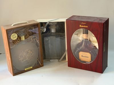 3 flacons 1 flacon ARMAGNAC SEMALENS VSOP avec 2 verres, 1 f…