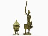 pair of bronze figurines of a woman with a basket and a bird