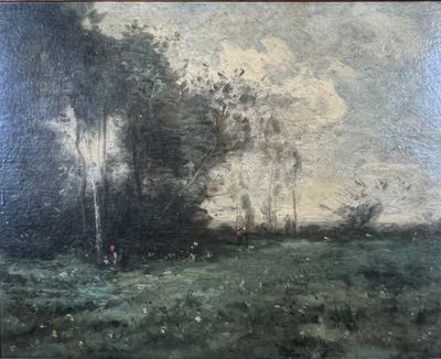 an oil painting of a person walking in a field with trees