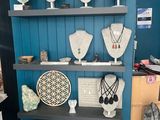 a display of jewelry on a shelf in a store