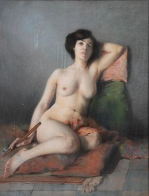 an image of a painting of a nude woman sitting on a rug