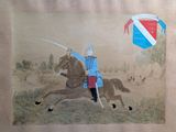 a painting of a man riding a horse with a sword