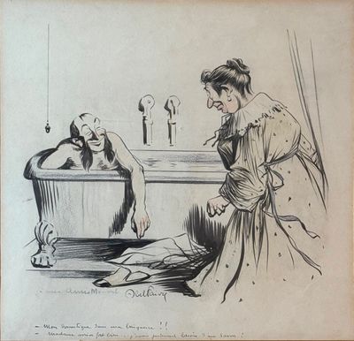 dessin représentant une femme assise dans une baignoire à côté d'un homme dans une baignoire