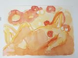 a watercolor painting of a nude woman laying on a bed