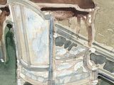 a painting of a chair and a table in a room