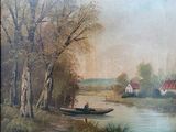 a painting of a man in a boat on the water