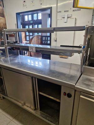 stainless steel counter top in a commercial kitchen with stainless steel appliances