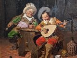 tableau représentant deux hommes jouant du luth et une bouteille de vin