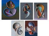 six paintings of different shapes and sizes are shown on a white surface