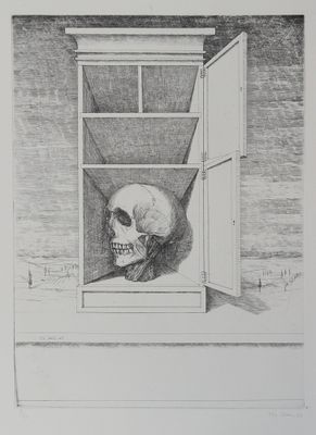 dessin au crayon représentant un crâne posé sur le rebord d'une fenêtre dont les portes sont ouvertes