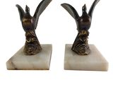 pair of antique bronze bird bookends on marble bases