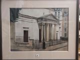 painting of a building with columns and a gate in front of it