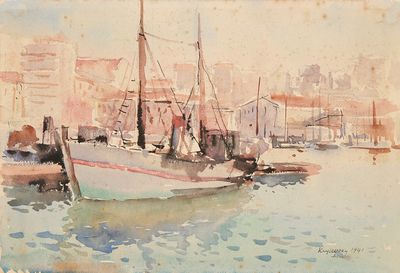 a watercolor painting of a boat in a harbor